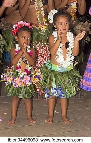 Stock Photo - Little girls decorated with flowers, Polynesian dancer, Raiatea, French Polynesia, South Pacific, Oceania. Fotosearch