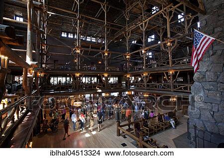 Lobby of Old Faithful Inn Hotel, Upper Geyser Basin, Yellowstone National Park, Wyoming, United States, North America View Large Photo Image Picture - Lobby of Old Faithful Inn Hotel, Upper Geyser Basin, Yellowstone National Park, Wyoming, United States, North America. Fotosearch