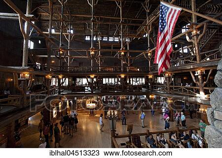 Stock Image - Lobby of Old Faithful Inn Hotel, Upper Geyser Basin, Yellowstone National Park, Wyoming, United States, North America. Fotosearch