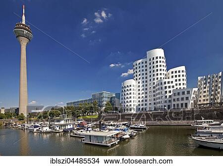 Picture - Marina with Rheinturm and Gehry buildings, Düsseldorf, North Rhine-Westphalia, Germany, Europe. Fotosearch