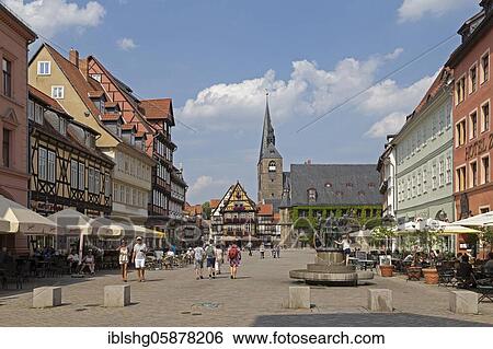 Market place with market church St. Benediktii and town hall, Quedlinburg, UNESCO World Heritage Site, Saxony-Anhalt, Germany, Europe View Large Photo Image Stock Photograph - Market place with market church St. Benediktii and town hall, Quedlinburg, UNESCO World Heritage Site, Saxony-Anhalt, Germany, Europe. Fotosearch