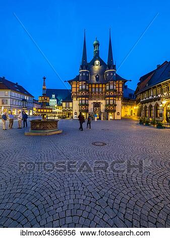 Market Square and Town Hall at dusk, historic centre, half-timbered houses, Wernigerode, Harz, Saxony-Anhalt, Germany, Europe View Large Photo Image Stock Photograph - Market Square and Town Hall at dusk, historic centre, half-timbered houses, Wernigerode, Harz, Saxony-Anhalt, Germany, Europe. Fotosearch
