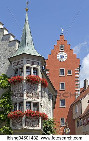 Stock Image - Marketplace with Obertor, Oberstadt, Meersburg, Lake Constance, Baden-Württemberg, Germany, Europe. Fotosearch