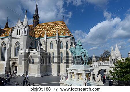 Stock Photo - Matthias Church, equestrian statue of King Stephen, Budapest, Fishermen's Bastion on the Castle Hill, Buda, Hungary, Europe. Fotosearch