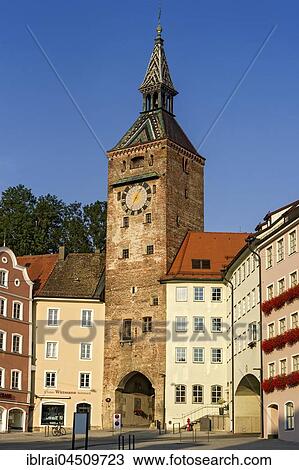 Stock Image - Medieval town gate, Schmalzturm or beautiful tower, main square, Landsberg am Lech, Upper Bavaria, Bavaria, Germany, Europe. Fotosearch