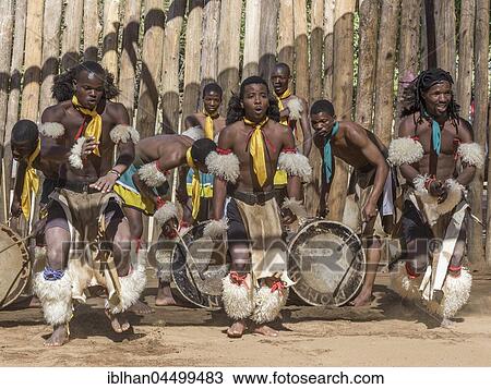 Stock Image - Men in traditional clothing during dance performance, Swazi cultural village, Lobamba, Manzini, Swaziland, Africa. Fotosearch