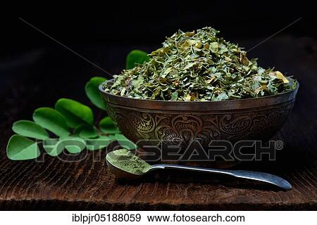Moringa, dried Moringa leaves in bowl, spoon with Moringa powder View Large Photo Image Stock Photo - Moringa, dried Moringa leaves in bowl, spoon with Moringa powder. Fotosearch
