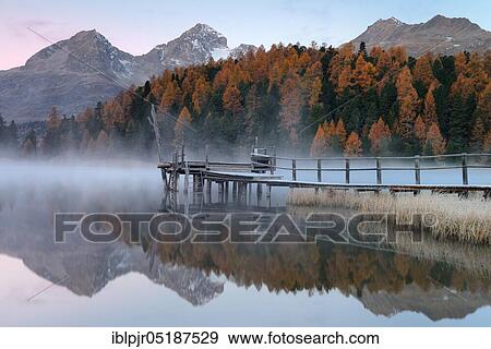 Stock Photo - Morning atmosphere at Lake Staz near St. Moritz, Lej da, Upper Engadine, Engadine, Canton Graubünden, Switzerland, Europe. Fotosearch