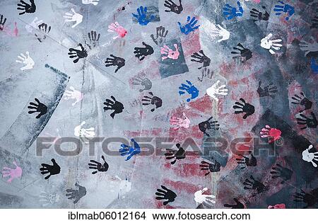 Picture - Mural Hands with Handprints, detail view, artist Christine Kühn, East Side Gallery, Wall Gallery, Berlin, Germany, Europe. Fotosearch