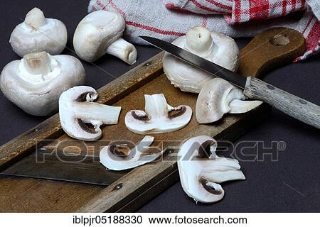 Stock Image - Mushroom, white cultivated mushrooms on grater, Agaricus bisporus, cultivated mushroom, Egerling. Fotosearch