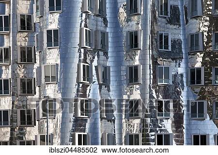 Stock Image - Neuer Zollhof, Gehry building, detail in evening light, Düsseldorf, Nordrhein Westfalen, Germany, Europe. Fotosearch