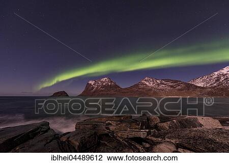 Stock Image - Northern lights over Haukland, Lofoten, Norway, Europe. Fotosearch