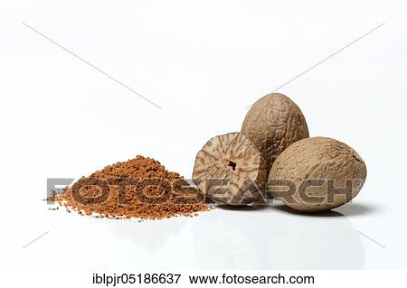 Nutmegs and nutmeg powder, ground View Large Photo Image Stock Photo - Nutmegs and nutmeg powder, ground. Fotosearch