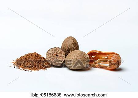 Stock Photo - Nutmegs, ground nutmeg powder and mace. Fotosearch