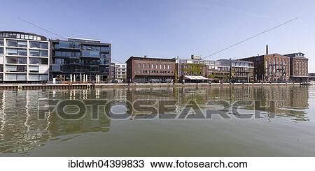 Stock Image - Office buildings at the Kreativkai, city harbor, Münster, Münsterland, North Rhine-Westphalia, Germany, Europe. Fotosearch