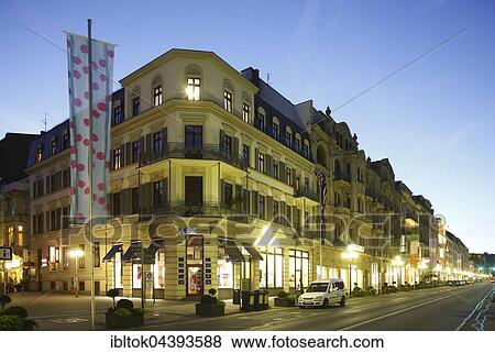 Offices and commercial buildings at dusk, Wilhelmstraße or Wiesbadener Rue, Wiesbaden, Hesse, Germany, Europe View Large Photo Image Stock Photo - Offices and commercial buildings at dusk, Wilhelmstraße or Wiesbadener Rue, Wiesbaden, Hesse, Germany, Europe. Fotosearch