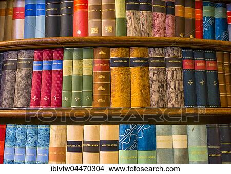 Picture - Old books on shelf, historical library, Strahov Monastery, Hradčany, Prague, Czech Republic, Europe. Fotosearch