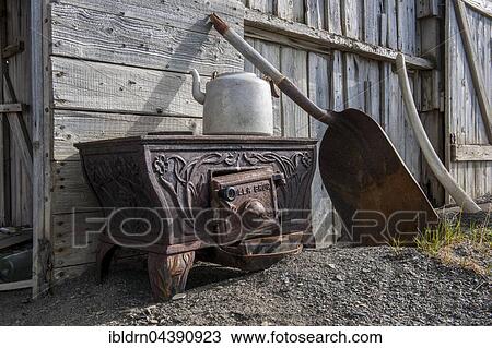 Stock Image - Old household relics, former shelter, hunting cabin, Diskobukta, Edgeøya, Svalbard, Spitsbergen, Norway, Europe. Fotosearch