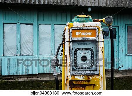 Stock Image - Old petrol pump, nostalgic gas pump, Brora, Highland, Scotland, United Kingdom, Europe. Fotosearch