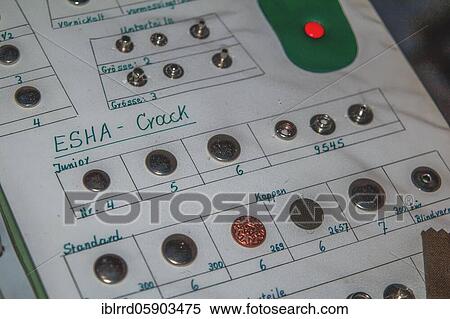 Old sheet with patterns of different snap fasteners, button factory, industry, lost place, Wuppertal, North Rhine-Westphalia, Germany, Europe View Large Photo Image Stock Photography - Old sheet with patterns of different snap fasteners, button factory, industry, lost place, Wuppertal, North Rhine-Westphalia, Germany, Europe. Fotosearch