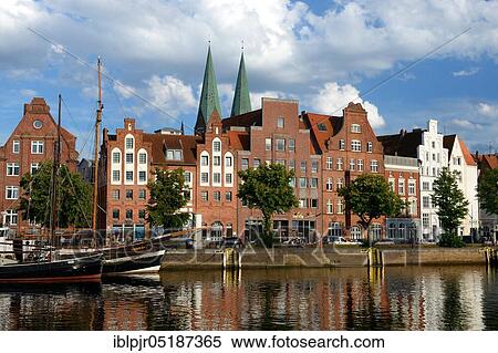 Stock Photography - Old town on the Untertrave, towers of St. Marien church, Old town, Lübeck, Germany, Europe. Fotosearch