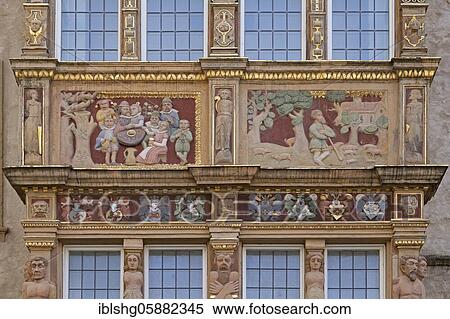 Stock Photography - Painted reliefs on the facade of the Tempelhaus, market place, Hildesheim, Lower Saxony, Germany, Europe. Fotosearch