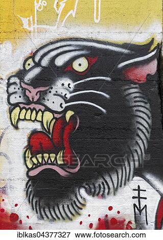Panther with mouth open, graffiti, street art, Duisburg, North Rhine-Westphalia, Germany, Europe View Large Photo Image Stock Photo - Panther with mouth open, graffiti, street art, Duisburg, North Rhine-Westphalia, Germany, Europe. Fotosearch