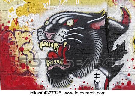 Panther with mouth open, graffiti, street art, Duisburg, North Rhine-Westphalia, Germany, Europe View Large Photo Image Stock Photograph - Panther with mouth open, graffiti, street art, Duisburg, North Rhine-Westphalia, Germany, Europe. Fotosearch