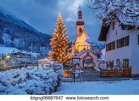 Parish church with Christmas fir tree, Ramsau, Berchtesgadener Land, Upper Bavaria, Bavaria, Germany, Europe View Large Photo Image Stock Photo - Parish church with Christmas fir tree, Ramsau, Berchtesgadener Land, Upper Bavaria, Bavaria, Germany, Europe. Fotosearch