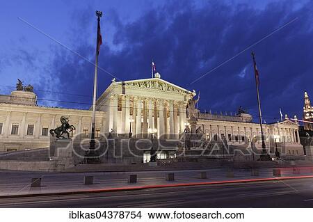 Parliament Building, illuminated Wiener Ringstrasse, 1st District, Vienna, Austria, Europe View Large Photo Image Picture - Parliament Building, illuminated Wiener Ringstrasse, 1st District, Vienna, Austria, Europe. Fotosearch