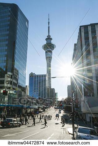 Picture - Pedestrians crossing street, Sky Tower, backlit with sun star, Central Business District, Auckland Region, North Island, New Zealand, Oceania. Fotosearch
