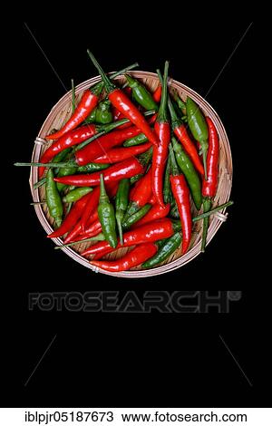 Stock Image - Peppers ( Capsicum frutescens), Chillies, Chillies, Chillies, Chilli pepper, Chilli, Cayenne, Cayenne pepper, Piri-Piri, Tabasco, Peperoncini. Fotosearch