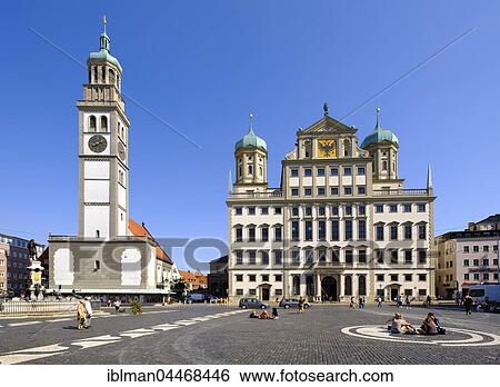 Stock Photograph - Perlachturm and City Hall at the main square, Augsburg, Swabia, Bavaria, Germany, Europe. Fotosearch