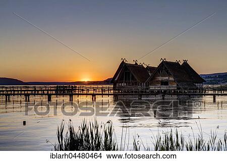 Pfahlbaumuseum Unteruhldingen at sunset, archaeological open-air museum, Lake Constance, Unteruhldingen, Baden-Württemberg, Germany, Europe View Large Photo Image Picture - Pfahlbaumuseum Unteruhldingen at sunset, archaeological open-air museum, Lake Constance, Unteruhldingen, Baden-Württemberg, Germany, Europe. Fotosearch
