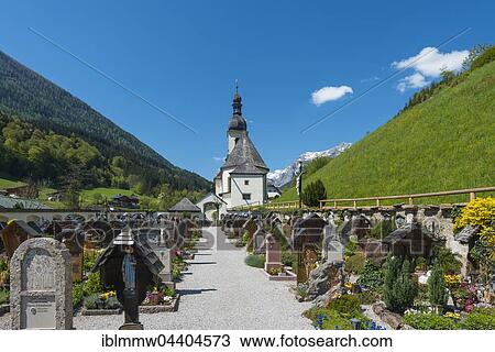 Stock Image - Pfarrkirche St. Sebastian, parish church cemetery, Ramsau, Berchtesgaden area, Upper Bavaria, Bavaria, Germany, Europe. Fotosearch