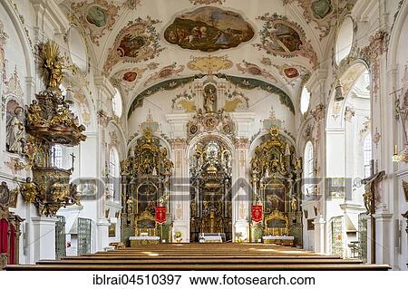 Stock Photo - Pilgrimage church of Maria Hilf, nave, interior rococo, Klosterlechfeld, Swabia, Bavaria, Germany, Europe. Fotosearch