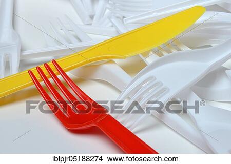 Picture - Plastic cutlery, plastic, plastic knife, plastic fork, plastic articles. Fotosearch