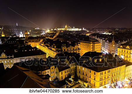 Prague's historic centre, view from Old Town Hall at night, Hradcany, Prague Castle and St. Vitus Cathedral at back, Prague, Bohemia, Czech Republic, Europe View Large Photo Image Stock Photography - Prague's historic centre, view from Old Town Hall at night, Hradcany, Prague Castle and St. Vitus Cathedral at back, Prague, Bohemia, Czech Republic, Europe. Fotosearch