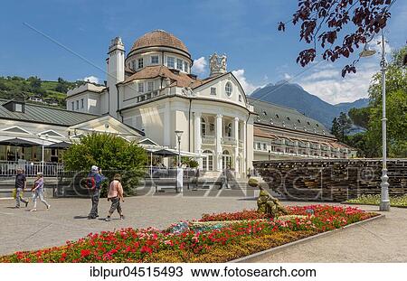 Stock Image - Promenade with health resort, Meran, Province of South Tyrol, Italy, Europe. Fotosearch