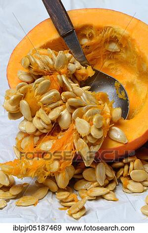 Stock Photo - Pumpkin, halved, with spoon, orange peck variety, edible pumpkin. Fotosearch