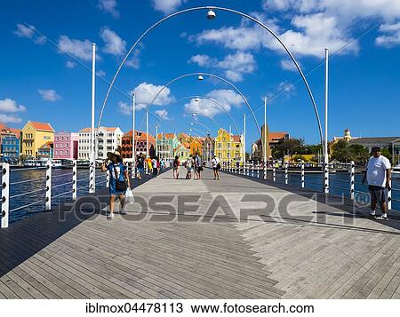 Stock Image - Queen Emma Bridge, Punda, Willemstad, Lesser Antilles, Curacao, South America. Fotosearch