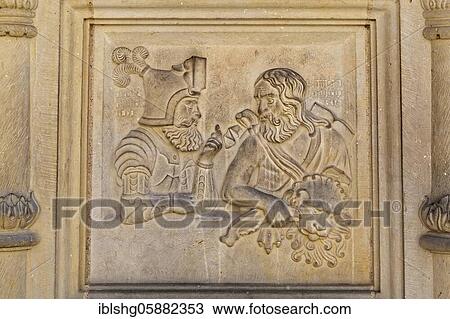 Stock Image - Relief at the Roland Fountain, Market Place, Hildesheim, Lower Saxony, Germany, Europe. Fotosearch