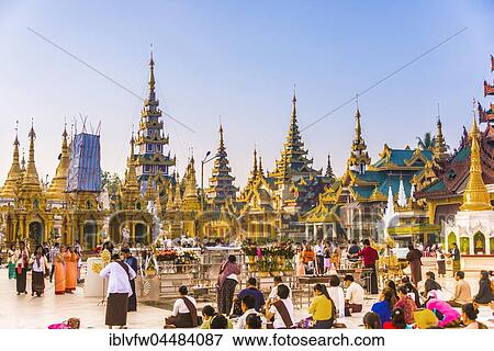 Stock Photo - Religious native Burmese, stupa, Shwedagon Paya, Shwedagon, Rangoon, Myanmar, Asia. Fotosearch