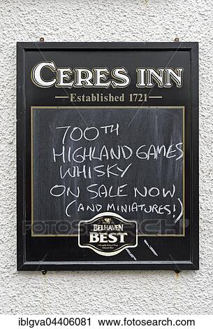 Restaurant sign displaying 700th Highland Games Whiskey, Ceres Inn Restaurant, Ceres, Scotland, United Kingdom, Europe View Large Photo Image Stock Image - Restaurant sign displaying 700th Highland Games Whiskey, Ceres Inn Restaurant, Ceres, Scotland, United Kingdom, Europe. Fotosearch