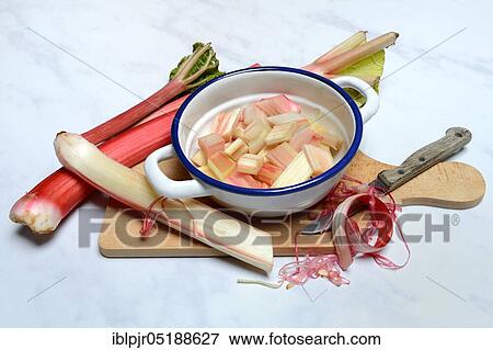 Stock Photo - Rhubarb and rhubarb pieces in shell, Rheum rhabarbarum. Fotosearch