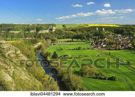 Picture - River Saale, village Saaleck, castle ruin Rudelsburg and Saaleck, Saale valley near Bad Kosen, Saxony-Anhalt, Germany, Europe. Fotosearch