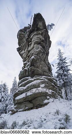 Stock Image - Rock formation Kreuzfelsen with snow in winter, climbing rock, Fichtelgebirge, Upper Franconia, Franconia, Bavaria, Germany, Europe. Fotosearch