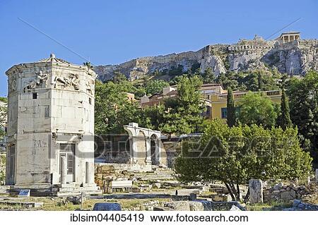 Stock Photo - Roman Agora with tower of the winds, Acropolis in the background, Athens, Greece, Europe. Fotosearch
