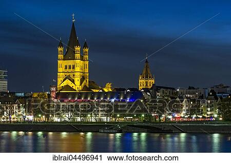Romanesque church Groß St. Martin and Town Hall Tower, River Rhine, Historic centre, Night Scene, Cologne, North Rhine-Westphalia, Germany, Europe View Large Photo Image Stock Image - Romanesque church Groß St. Martin and Town Hall Tower, River Rhine, Historic centre, Night Scene, Cologne, North Rhine-Westphalia, Germany, Europe. Fotosearch