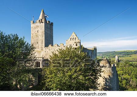 Stock Photo - Rudelsburg and Saaleck castle ruins in the Saale valley near Bad Kösen, Naumburg, Saxony-Anhalt, Germany, Europe. Fotosearch